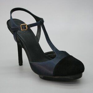 Tory Burch Ladies 10 Slingbacks Blue Satin Black Cap-toe Velvet High-heels Shoes